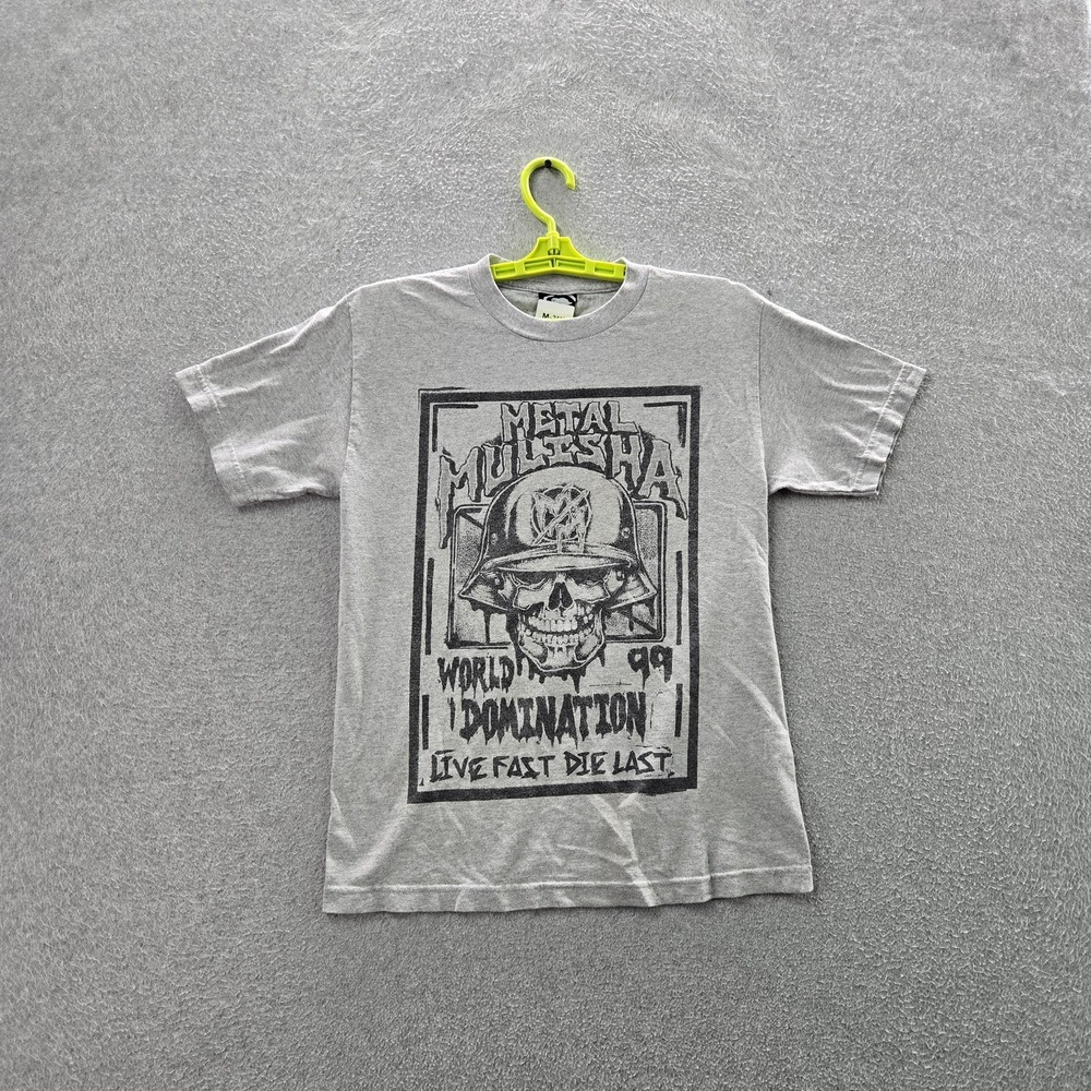 VINTAGE Metal Mulisha Boy Shirt M Gray Graphic Skull Helmet Y2K Grunge 90s